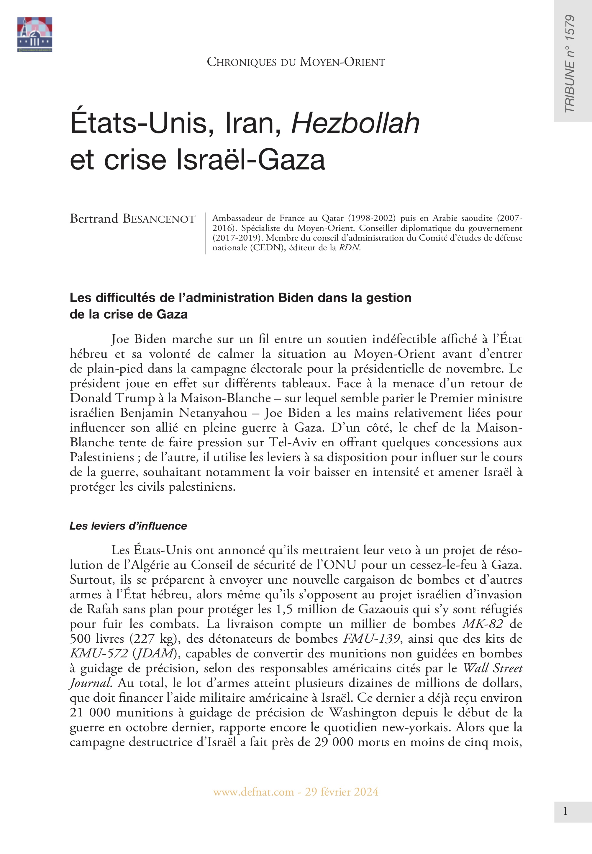 Chroniques du Moyen-Orient – États-Unis, Iran, Hezbollah et crise Israël-Gaza (T 1579)
